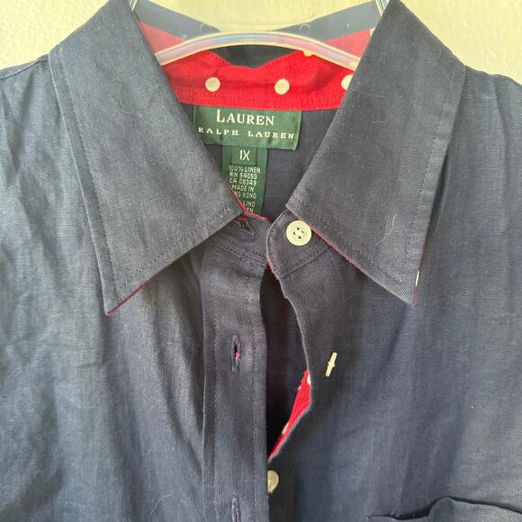 Lauren Ralph Lauren LINEN Navy Blue polkadot collar cuffs shirt size 1X - Picture 5 of 9